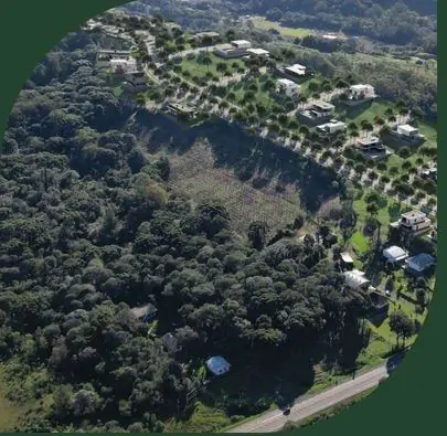 Vista aérea do loteamento com vegetação preservada